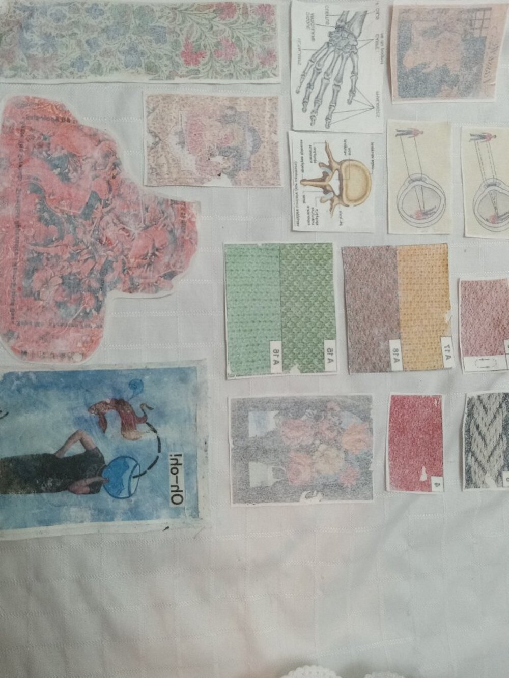 A large selection of handprinted cotton patch to sew with vintage illustrations